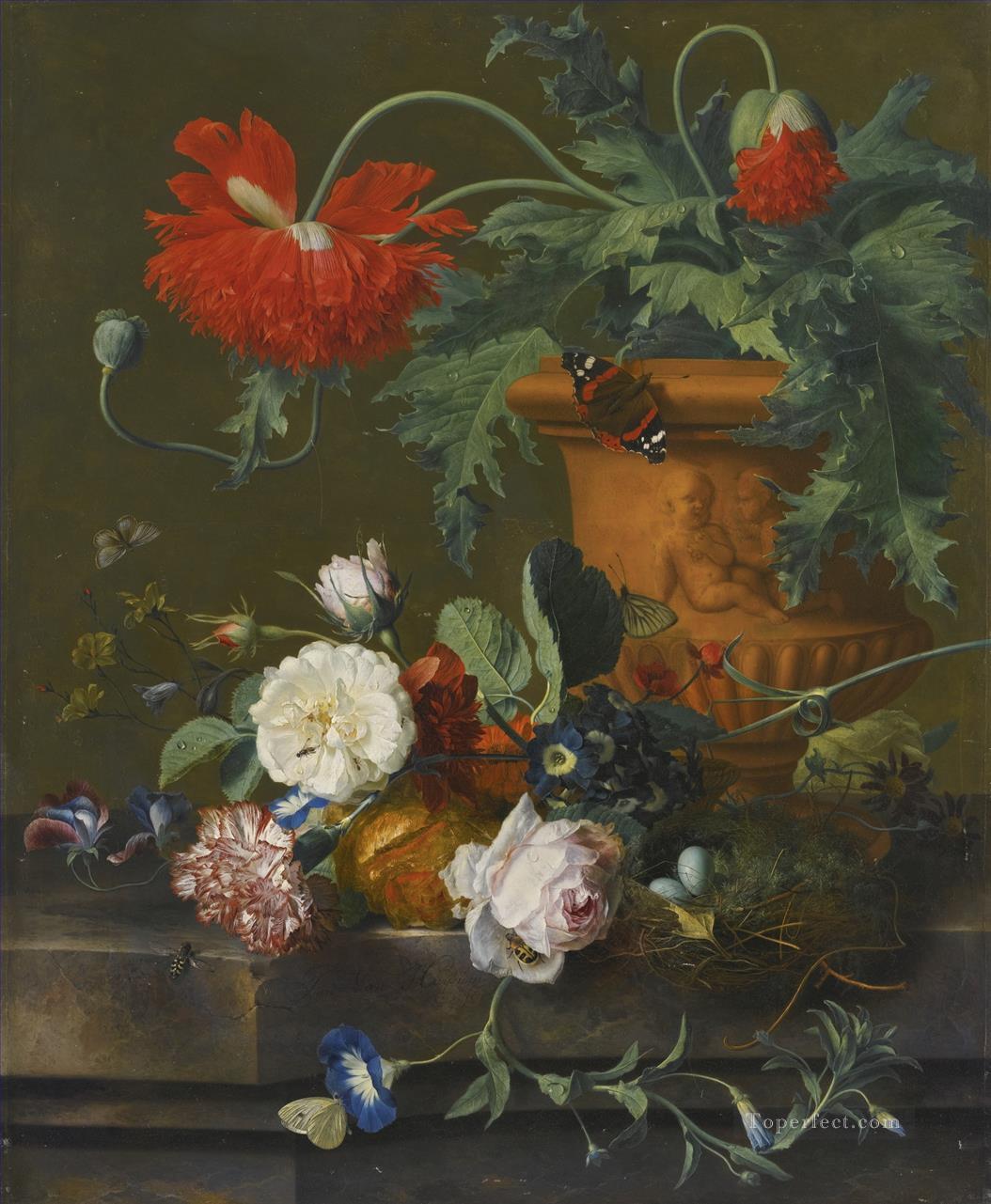 A STILL LIFE OF POPPIES IN A TERRACOTTA VASE ROSES A CARNATION AND OTHER FLOWERS Jan van Huysum Oil Paintings